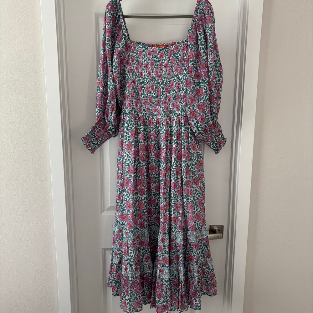 Oliphant Pink Green & White 100% Cotton Balloon Sleeve Smocked Floral Sz XXL